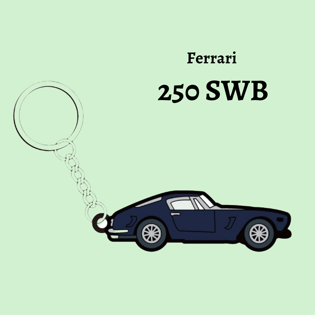 Close-up image of The Keyring Garage's Ferrari 250 SWB keyring, showcasing classic design and Italian craftsmanship, reminiscent of Ferrari's racing legacy.