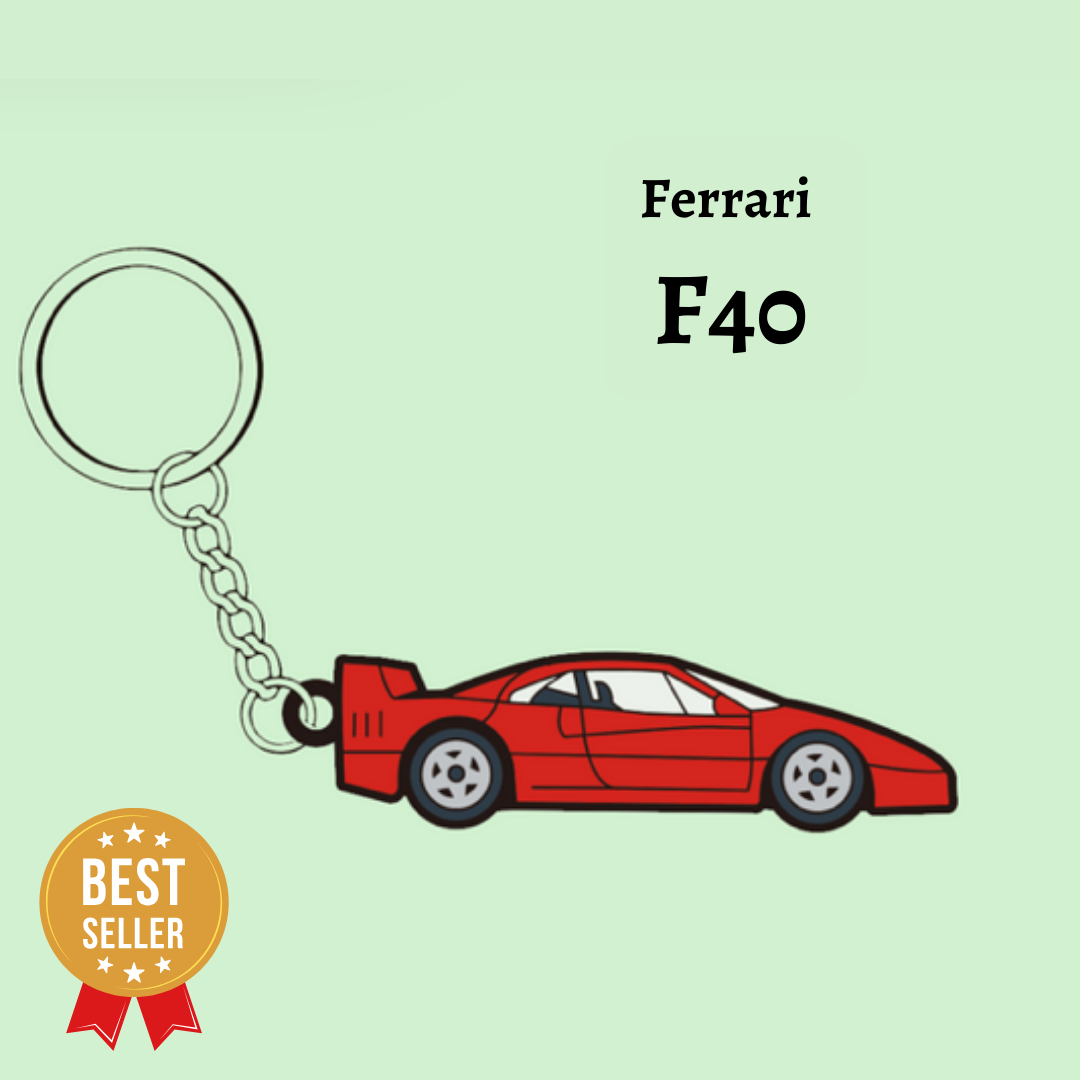 Close-up photograph of The Keyring Garage's Ferrari F40 keyring, showcasing iconic design elements and Ferrari's legacy of performance.