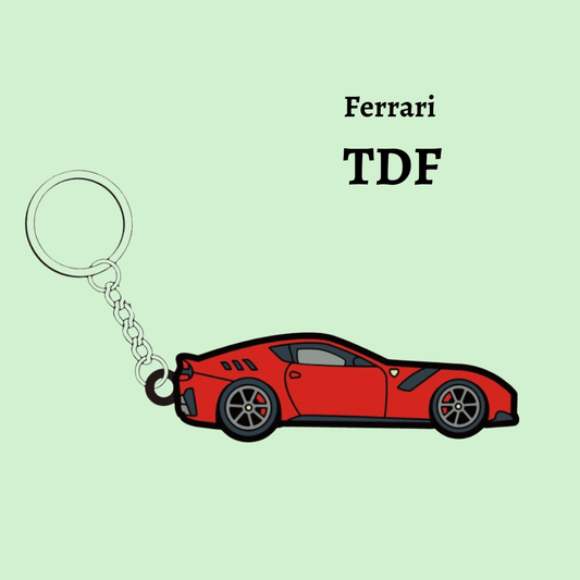 Detailed photograph of The Keyring Garage's Ferrari TDF keyring, highlighting iconic design elements and Ferrari's racing legacy.