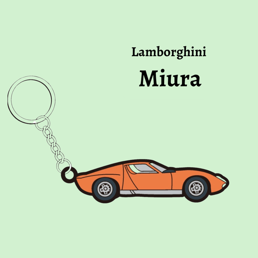 Close-up image of The Keyring Garage's Lamborghini Miura keyring, showcasing sleek design and Italian automotive heritage, reminiscent of Lamborghini's iconic styling.
