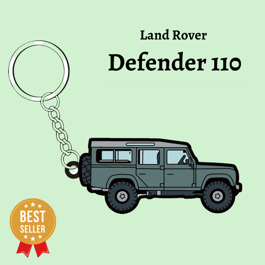 Detailed image of The Keyring Garage's Land Rover Defender 110 keyring, showcasing rugged design and British craftsmanship.