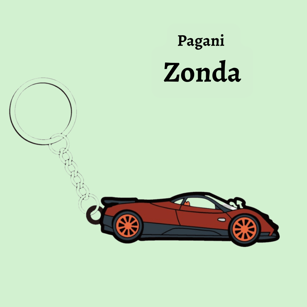 Detailed photograph of The Keyring Garage's Pagani Zonda keyring, highlighting intricate details and Italian automotive elegance.
