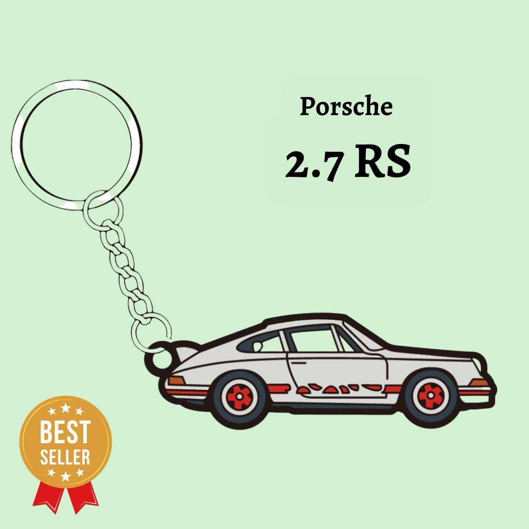 Detailed image of The Keyring Garage's Porsche 2.7 RS keyring, showcasing classic design and Porsche's motorsport heritage.