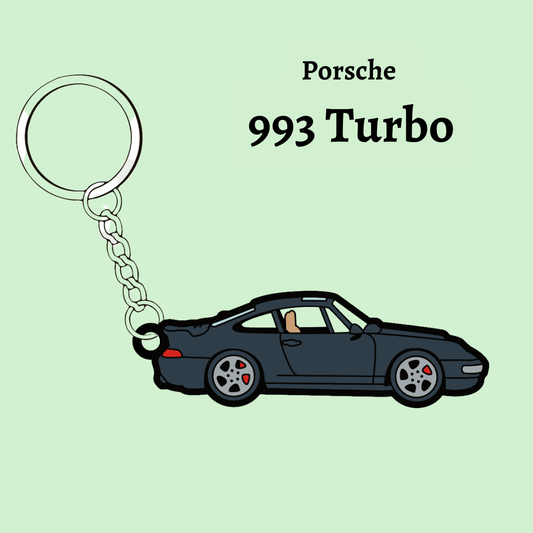 Close-up image of The Keyring Garage's Porsche 993 Turbo keyring, showcasing sleek design and meticulous craftsmanship, reminiscent of Porsche excellence.